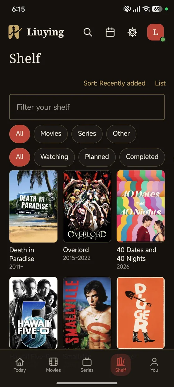 Liuying app shelf screen